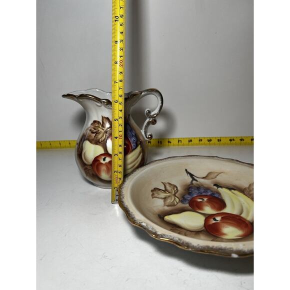 Vintage Porcelain Pitcher and Bowl Wash Basin Set Hand painted Fruit Kitchen - Picture 13 of 16
